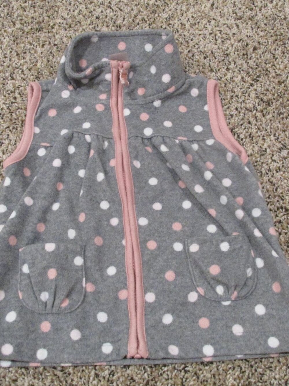 Carters Sleeveless Zip Up Vest Girls Size 24M Gray Pink‎ White Polka Dot Collar